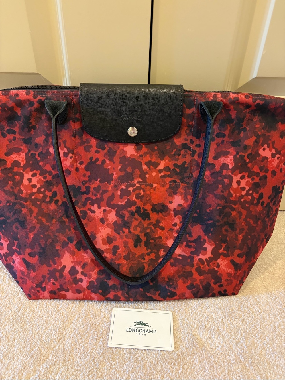 Longchamp Red Camo Le Pliage Large Tote Bag